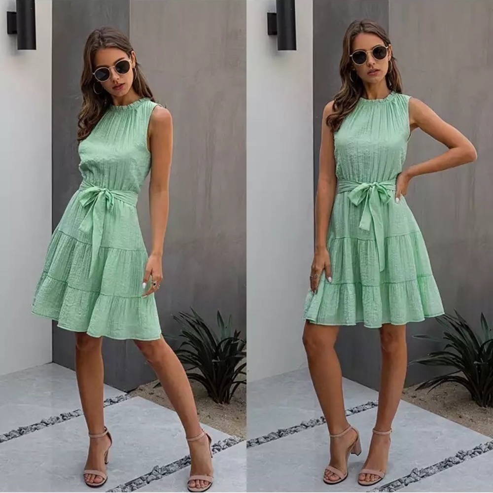 Green summer dress sleeves tiered ruched size M - Picture 12 of 12